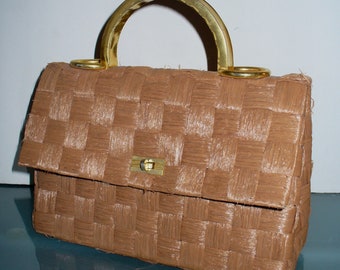 Vintage Woven Caramel Raffia Handbag With Brass Handle