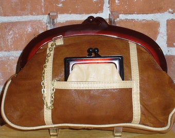 Vintage Cocoa Brown Leather Clutch  With Lucite Accent & Attached Coin Purse