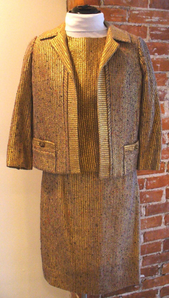 Vintage Gold Tweed French Style Ladies Suit 3 Pie… - image 1