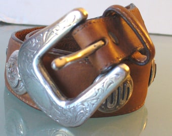 Vintage  Studded Indian Symbol Leather Belt Size 28