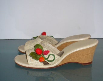 Vintage Joyce California Straw with Cork Wedge Sandals Size 8 N