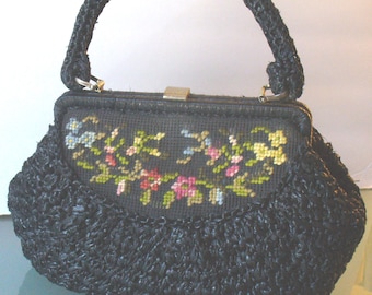 Vintage Simon Black Raffia & Needlepoint Handbag