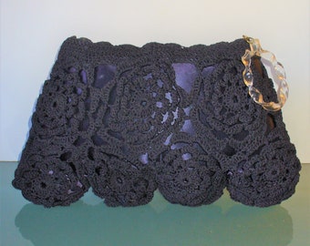 Vintage Large Crochet  Navy Blue Clutch Purse