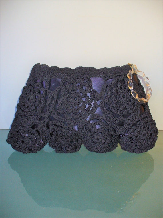 Vintage Large Crochet  Navy Blue Clutch Purse