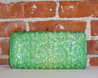 Vintage Town & Country Bright Green Silver Silk Clutch