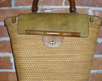 Vintage Continental Handmade Preppy Straw & Leather Handbag