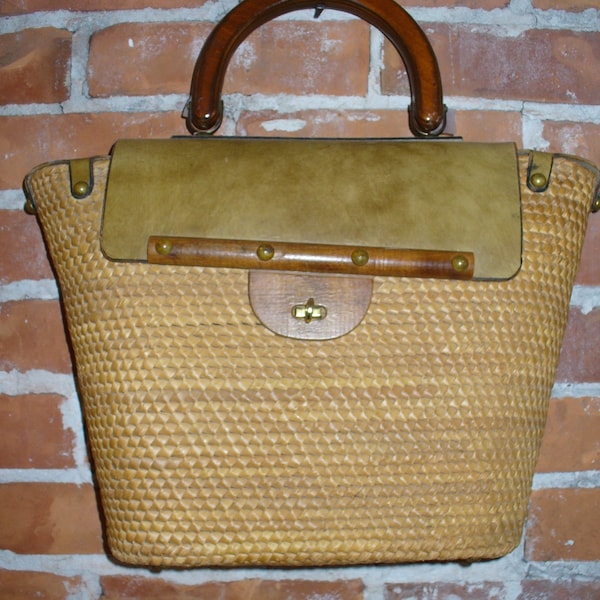 Vintage Continental Handmade Preppy Straw & Leather Handbag