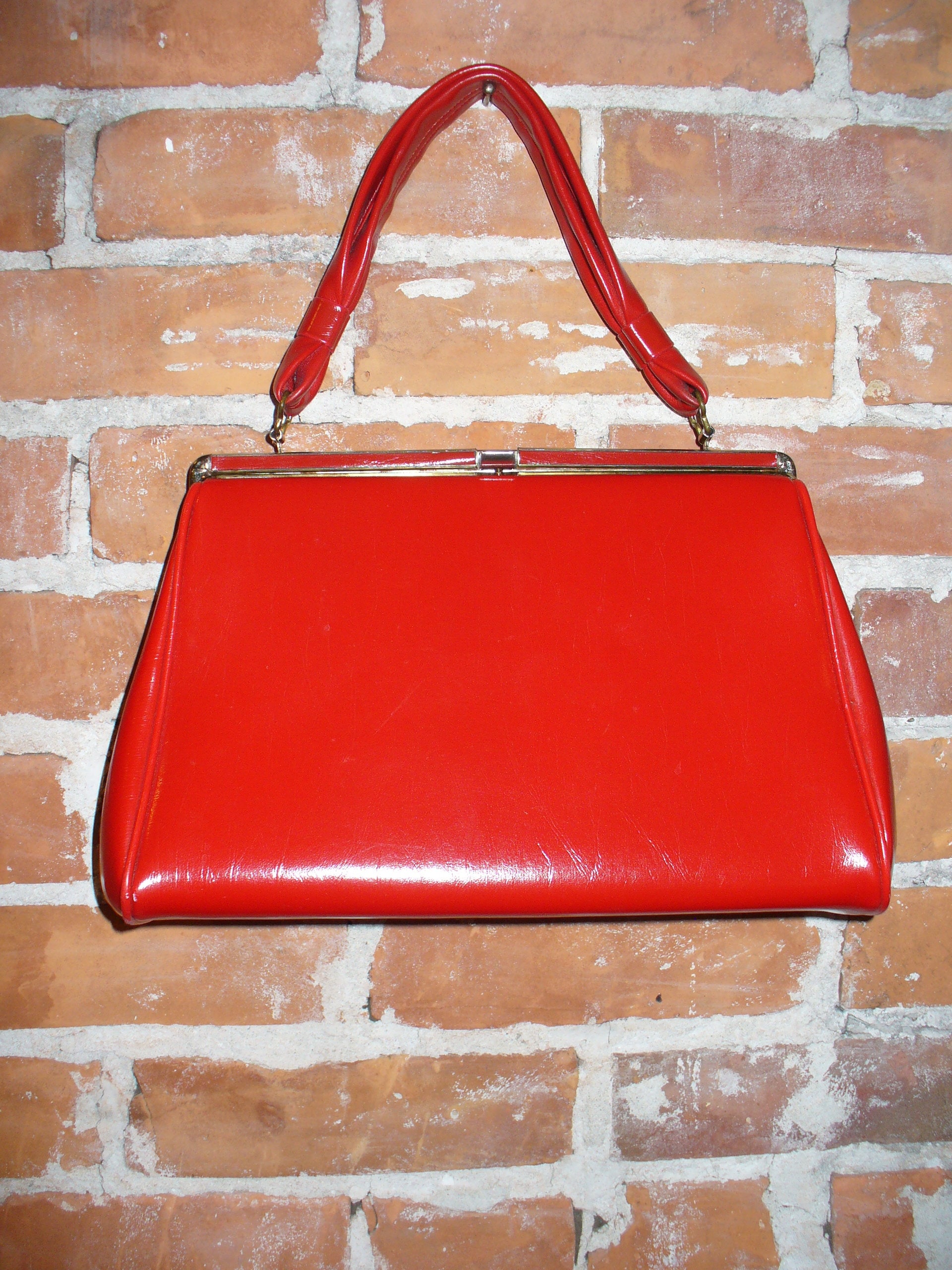 Vintage 50s Candy Apple Red Patent Leather Kelly Handbag