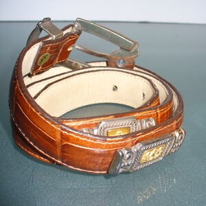 Pu&ograve; includere: Una cintura in pelle marrone con una texture a coccodrillo. La cintura ha una fibbia color argento e dettagli decorativi con dettagli color oro. La cintura &egrave; arrotolata, mostrando il suo design e la sua maestria.