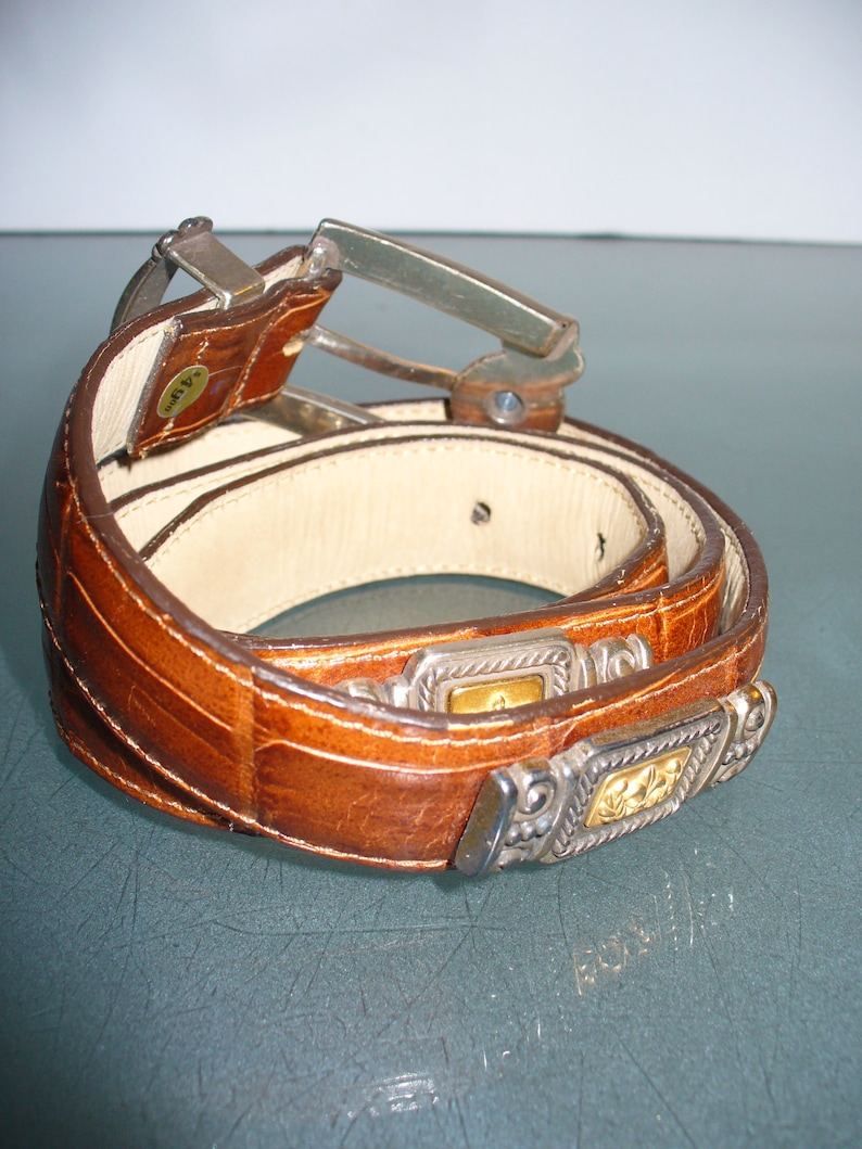 Pu&ograve; includere: Una cintura in pelle marrone con una texture a coccodrillo. La cintura ha una fibbia color argento e dettagli decorativi con dettagli color oro. La cintura &egrave; arrotolata, mostrando il suo design e la sua maestria.