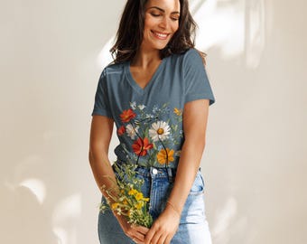 Camiseta de cuello pico relajada para mujer. Flores silvestres y gato.
