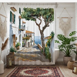 Moody Shower Curtain with Italian Village, Watercolor Mediterranean Bathroom Decor, Retro Coastal Shower Curtain, Housewarming Gift