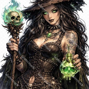 Könnte beinhalten: Digitale Illustration einer gotischen Hexe mit langen schwarzen Haaren, grünen Augen und Tätowierungen. Sie trägt ein dunkles Korsett, einen Hut mit einem Totenkopf und hält einen Stab mit einem Totenkopf und einer leuchtend grünen Flaschen. Thema: Fantasy und Hexerei.