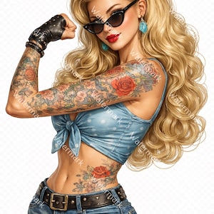 Könnte beinhalten: Illustration einer Frau mit blonden Haaren, Sonnenbrille, blauem Polka-Dot-Top und Jeansshorts. Sie hat Tätowierungen von Rosen und floralen Designs auf ihren Armen und ihrem Oberkörper. Sie beugt ihren Arm und trägt einen schwarzen, genieteten Handschuh.