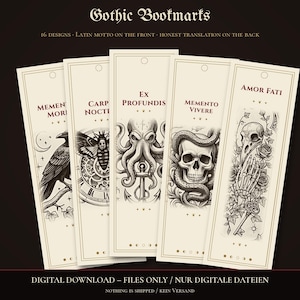 Printable Gothic Bookmarks, Dark Academia Bookmark Set of 16, Latin Quotes, Funny Book Lover Gift, Raven Skull Moth, PDF Download