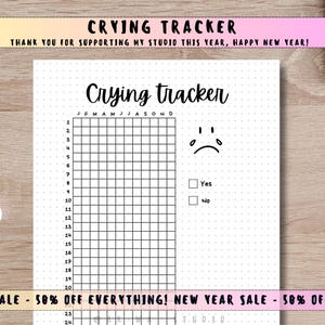 Pode incluir: Uma folha imprimível branca do Crying Tracker com uma grade para rastrear os dias de choro. A folha inclui um gráfico de rosto triste e caixas de seleção para "Sim" e "Não". O texto "Crying Tracker" está no topo.