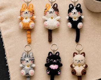 Crochet Cat Keychain, Handmade Amigurumi Kitty with Bell and Long Tail, Tabby Ginger Calico Tuxedo, Kawaii Bag Charm, Cute Cat Lover Gift