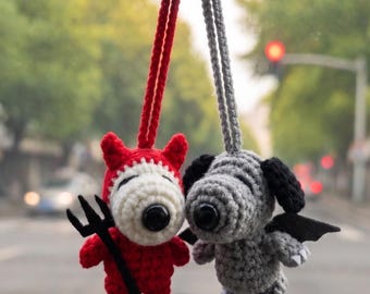 Crochet Devil Bat Snoopy Car Hanging – Handmade Amigurumi Dog Rearview Mirror Charm, Cute Gothic Car Decor, Funny Car Accessory Gift