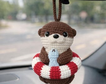 Handmade Otter With Float & Fish Crochet Car Hanging, Cute Otter Amigurumi Mirror Charm, Car Accessory Gift for Him Her, Car Decor
