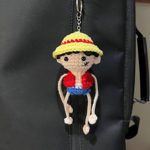 Crochet Straw Hat Pirate Keychain with Stretchy Arms | Handmade Amigurumi Bag Charm, Anime Fan Gift, Pirate Boy Straw Hat Stretchy