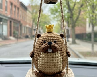 Llavero de ganchillo para coche del Rey Jorge - Beaver Disney Movie Hoppers Amigurumi, llavero de peluche divertido, accesorio para coche