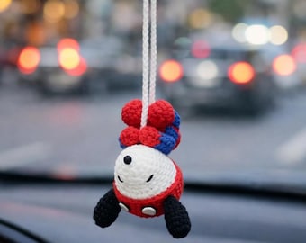 Snoopy Spider-Man Crochet Car Hanging – Handmade Spidey Dog Rearview Mirror Charm, Marvel Fan Gift, Cute Car Accessory