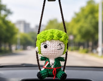 Crochet Zoro Car Hanging | Handmade One Piece Roronoa Zoro Amigurumi Rearview Mirror Charm, Swordsman Swing Decor, Anime Car Accessory Gift