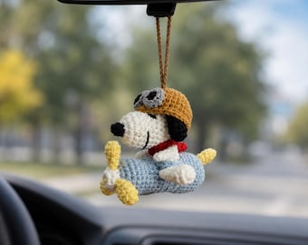 Snoopy Pilot Crochet Car Hanging | Handmade Flying Ace Amigurumi Mirror Charm, Cute Puppy Car Accessory, Plush Dog Car Decor, Snoopy Lover