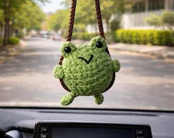 Chubby Crochet Frog Car Hanging | Handmade Chenille Kawaii Frog Rearview Mirror Charm, Cute Frog Swing Decor, Frog Lover Gift, Aesthetic Car