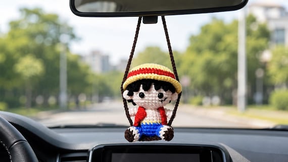 Crochet Straw Hat Pirate Car Hanging | Handmade Anime Pirate Amigurumi Rearview Mirror Charm, Straw Hat Swing Decor, Pirate Anime Gift