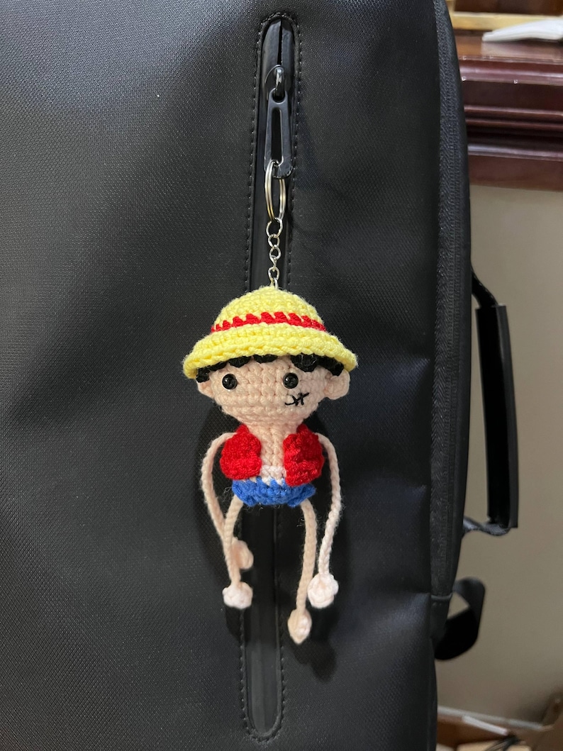 Crochet Straw Hat Pirate Keychain with Stretchy Arms | Handmade Amigurumi Bag Charm, Anime Fan Gift, Pirate Boy Straw Hat Stretchy