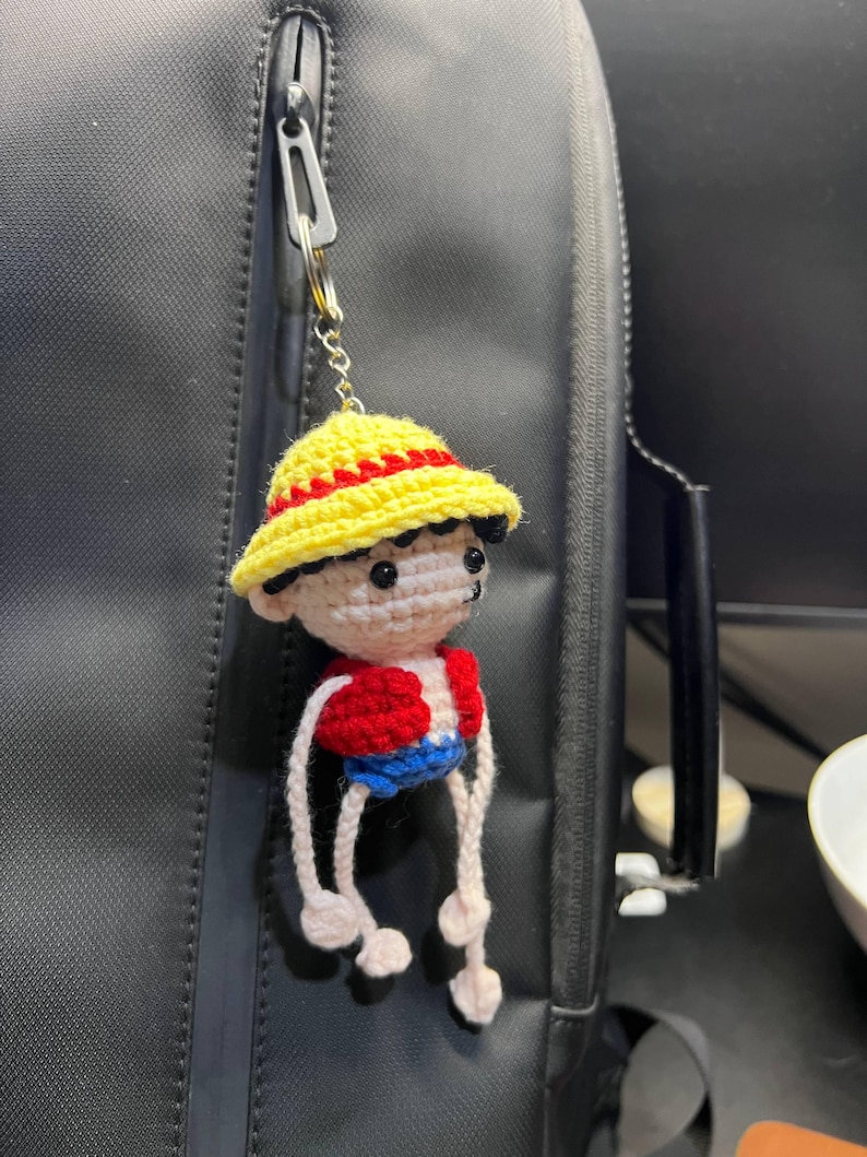 Crochet Straw Hat Pirate Keychain with Stretchy Arms | Handmade Amigurumi Bag Charm, Anime Fan Gift, Pirate Boy Luffy Stretchy Arms