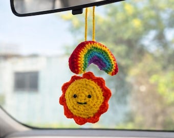 Smiling Sun Rainbow Crochet Car Charm | Handmade Kawaii Sunshine Mirror Hanging, Positive Vibes Car Decor, Cute Boho Accessory, Gift for Her