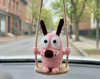 Crochet Scared Pink Dog Car Hanging - Cute Rearview Mirror Hanging, Handmade Amigurumi Dog, Funny Gift for Him Her, Car Accessories
