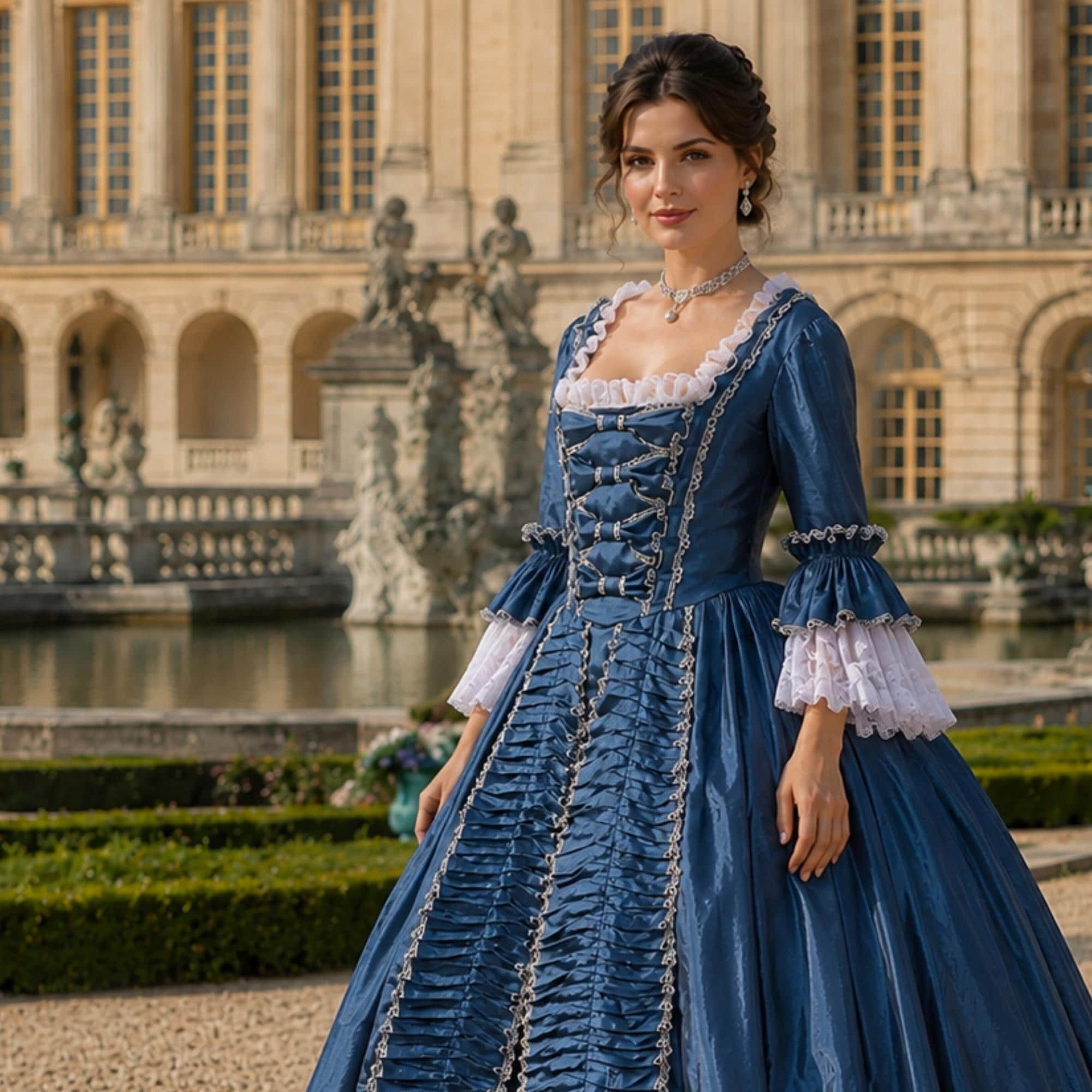 blue 1700 dresses Dress Taffeta 18th Century global-created_at-22/09/2025 11:54 AM Scoop Back Silk Slip Tamanhos:S This gown is made