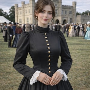 Puede incluir: Una mujer con un vestido negro de estilo victoriano con cuello alto y mangas largas. El vestido tiene botones dorados y puños de encaje blanco. En el fondo se ve un castillo y una multitud de personas con trajes de época.