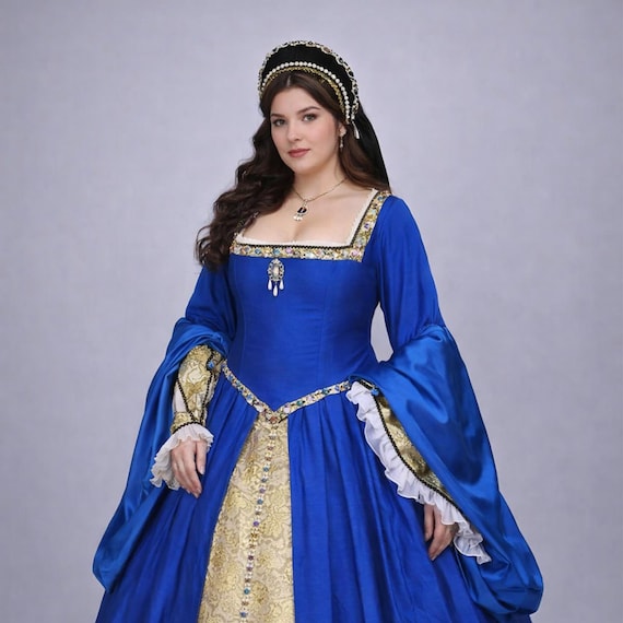 royal blue renaissance dress Royal Blue, Gold Brocade Renaissance Dress, Ren Faire Tudor Costume,  Fantasy Ball Gown