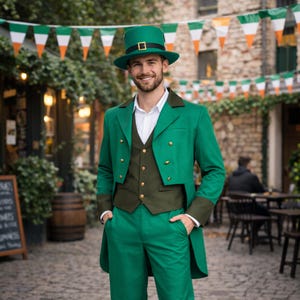 Könnte beinhalten: Ein grüner Anzug mit passendem Zylinder. Der Anzug hat eine zweireihige Jacke mit goldenen Knöpfen, eine Weste und eine Hose. Der Zylinder hat ein schwarzes Band und eine Schnalle. Die Szene spielt im Freien mit irischen Flaggen.