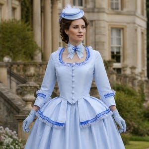 blue and white fantasy dress Light Blue Satin Elven Gown With Train & Layered Sleeves - Fantasy Renaissance Dress Costume