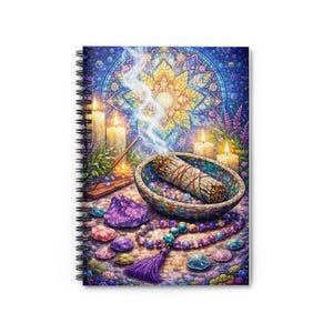 以下が含まれることがあります： スピラルのノート。スピリチュアルなテーマです。画像には、装飾的なボウルの中で燃えているセージの束が描かれており、キャンドル、クリスタル、ビーズのネックレスに囲まれています。背景にはカラフルなマンダラのデザインがあります。