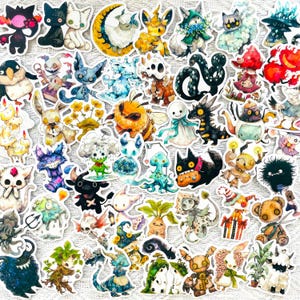 May include: A collection of colorful, whimsical stickers featuring various fantasy creatures and characters. Designs include cats, dragons, and other imaginative beings, with a variety of colors and styles. These stickers are ideal for decorating notebooks, laptops, or other personal items.