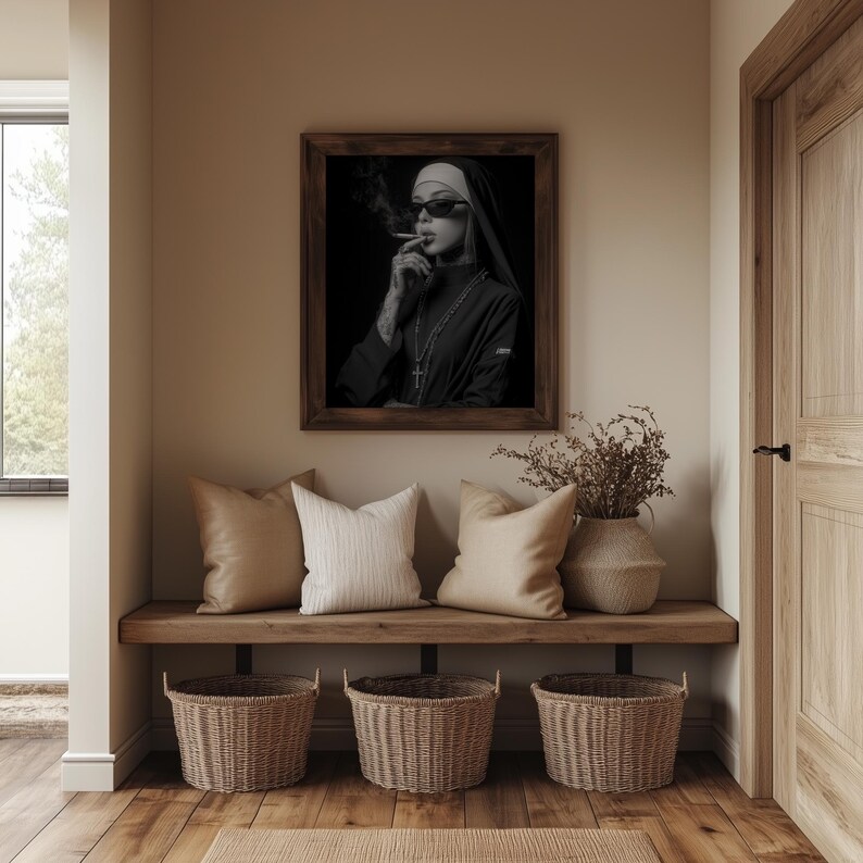 Dramatic nun smoking picture for dining room — high-contrast wall art blending noir-modern style with a bold, moody atmosphere.