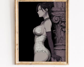 Moody Vintage Portrait Print – Elegant Woman, Manga Style Illustration (Digital Download)