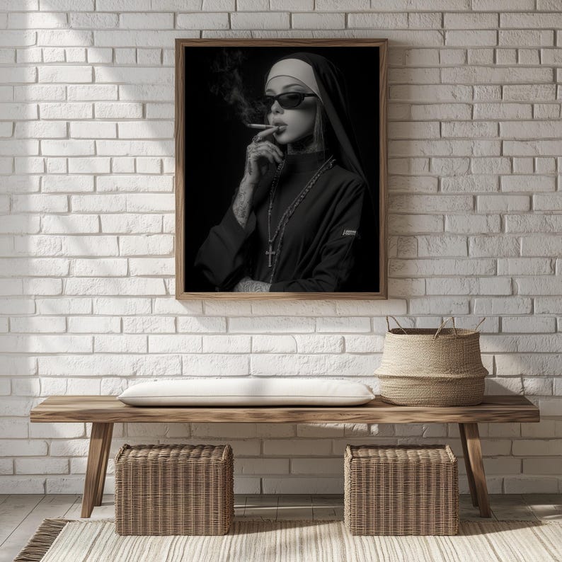 Black-and-white portrait of a nun with a cross necklace for gallery wall — edgy artwork highlighting a provocative theme and rich detail.