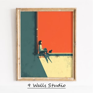 May include: Framed art print featuring a person sitting on a ledge with a black cat. The artwork has a minimalist style with a color palette of teal, orange, and yellow. The text "9 Walls Studio" is at the bottom.