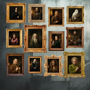 Può includere: Una collezione di ritratti incorniciati con personaggi di una serie fantasy. Ogni ritratto è in una cornice dorata e ornata, che raffigura individui con espressioni e abiti diversi. I ritratti sono disposti su un muro grigio strutturato.