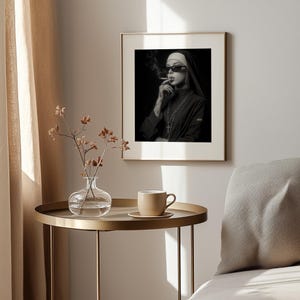 Smoky nun portrait printable art for hallway — gothic-inspired wall art with a modern twist, showcasing high contrast and moodiness.
