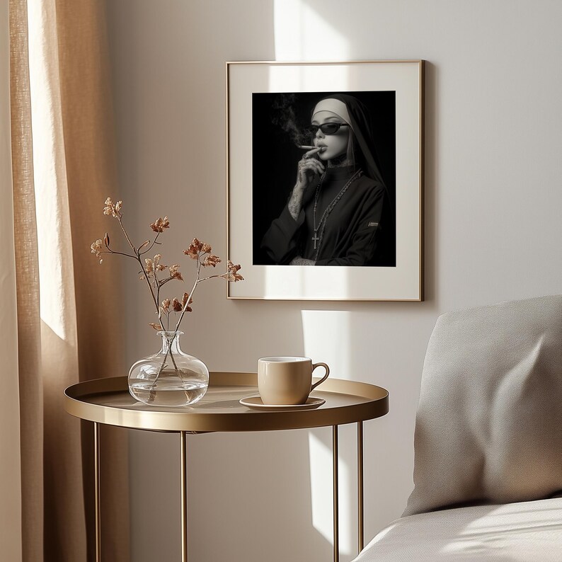 Smoky nun portrait printable art for hallway — gothic-inspired wall art with a modern twist, showcasing high contrast and moodiness.