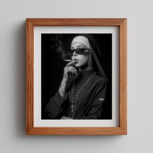 Edgy nun with dark sunglasses poster for bedroom — atmospheric black-and-white portrait featuring dramatic smoke and striking detail.