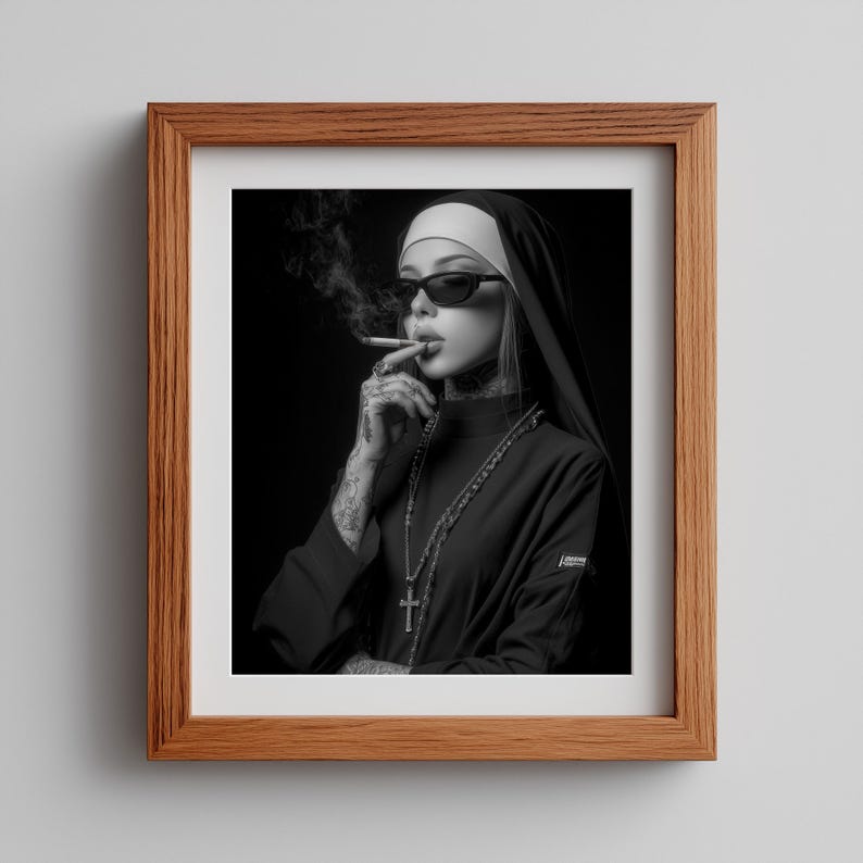 Edgy nun with dark sunglasses poster for bedroom — atmospheric black-and-white portrait featuring dramatic smoke and striking detail.